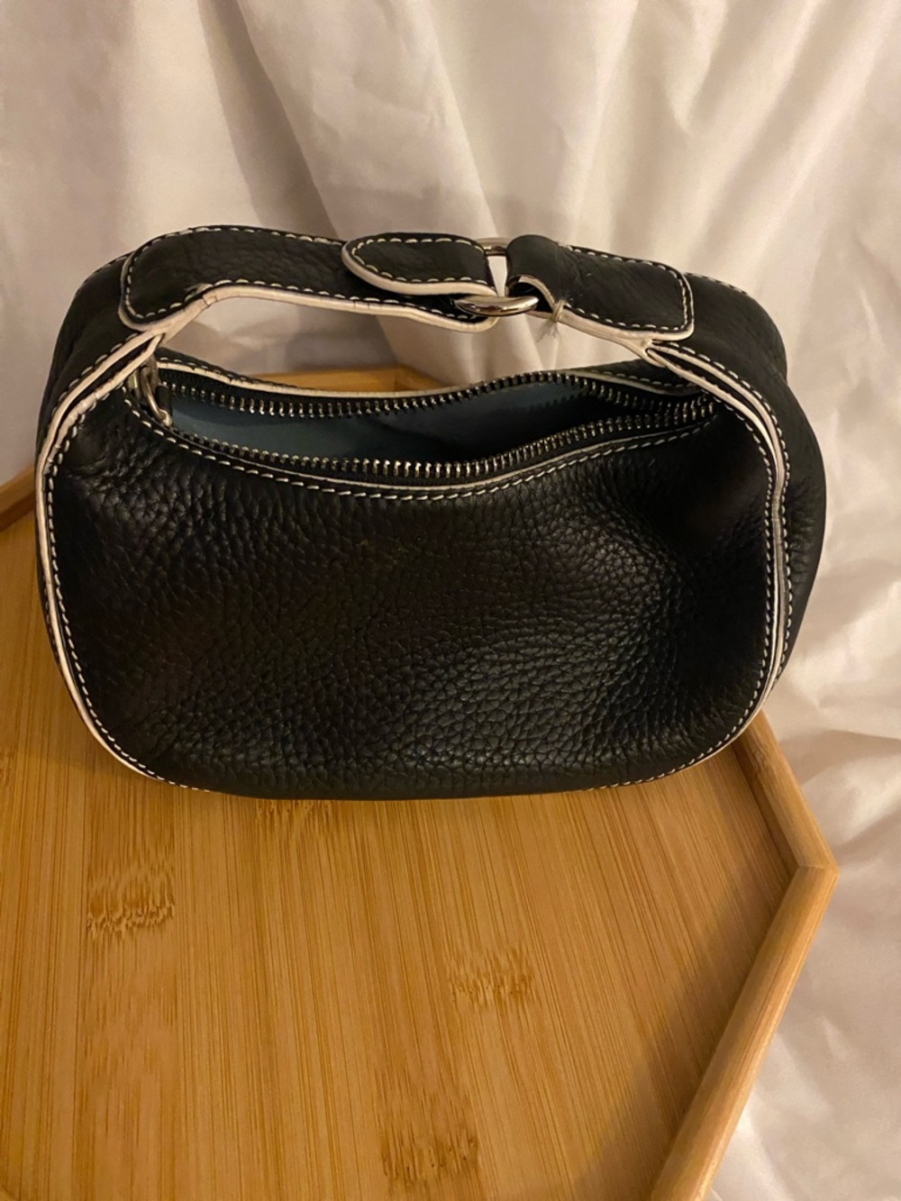 Cole Haan Black Mini Leather Hobo Bag with White Trim